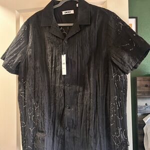 Dkny Black Short Sleeve Floral See-Through Dress Shirt